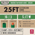 25 ft Outdoor Extension Cord 3 Outlet, 16/3 SJTW Weatherproof Multiple Plugs Green Extension Cord 3 Prong, 13 Amp Exterior Power Cable Three Way Plug for Outside & Landscaping