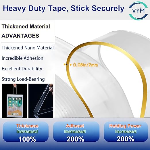 4Rolls Thicker 2mm, Nano Double Sided Mountinging Heavy Duty Tape, 2 Sides Sticky Tack Tape for Painted Walls AC Hanging Clear, 0.7in×10fts, 40fts Total Long (Thicker. 4 pack×0.7''×10fts)