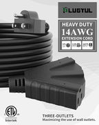 PLUGTUL 50FT Outdoor Extension Cord with Multiple Outlets, 14 Gauge, 3-Outlet, SJTW, 15A 14AWG 1875W SJTW, ETL Listed - Great for Garage, Garden and Home, Black