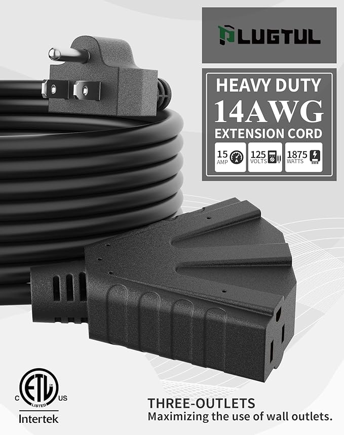 PLUGTUL 100FT Outdoor Extension Cord with Multiple Outlets, 14 Gauge, 3-Outlet, SJTW, 15A 14AWG 1875W SJTW, ETL Listed - Great for Garage, Garden and Home, Black