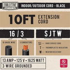 Weatherproof Black Extension Cord 10 ft, 16/3 SJTW 10 Foot Outdoor Extension Cord 3 Prong, 13 Amp Heavy Duty Exterior Power Cable Great for Outside, Landscaping & Lawn - UL Certified