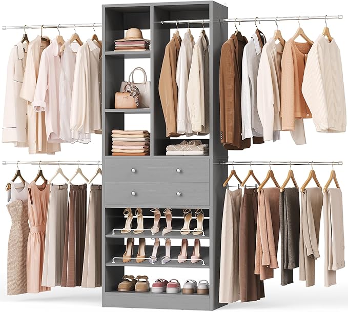 Closet System, 4.2–8.8 FT Closet Organizer with 2 Wooden Drawers and Shelves, Walk-in Closet System with 5 Hang Rods, Built-in Reach in Closet Tower, Can Fit 60 to 96 inch, Morandi Grey
