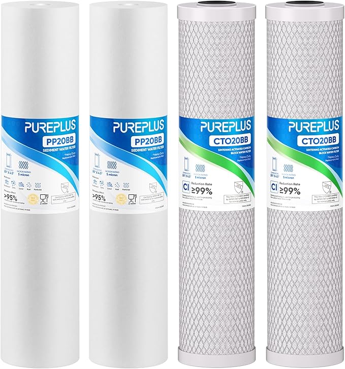 PUREPLUS 5 Micron 20"x4.5" Whole House Water Filter Cartridge Combo Kit with Sediment and Activated Carbon Block Filter - Replacement for FPMB5-20, AP810-2, FC25B, EPM-20BB, 2 PACK