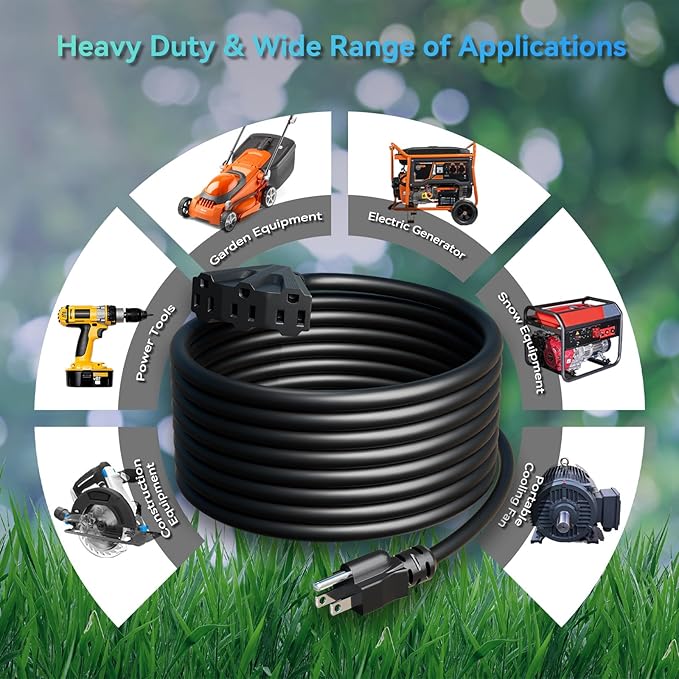 K KASONIC - 50 Ft Extension Cord with 3 Outlets, UL Listed 16/3 SJTW 3-Wire Grounded, 13A 125V 1625W for Indoor/Outdoor Use - Black