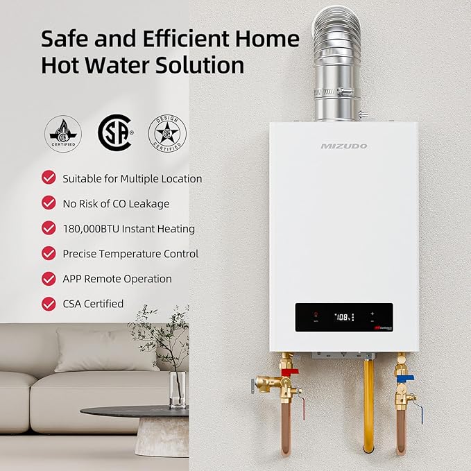 MIZUDO Natural Gas Tankless Water Heater Indoor Direct Vent, Max 7.9 GPM, 180,000 BTU, WiFi&APP Control CSA Certified Instant Hot On Demand Water Heater for Residential Whole House, Gen 3