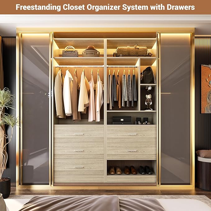 4FT Closet Systems with 5 Wood Drawers, 48 Inch Closet Organizer System with 2 Hanging Rods & 7 Shelves, 48" Walk-in Closet, White Oak (48"L x 15" W x 80" H)