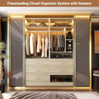 4FT Closet Systems with 5 Wood Drawers, 48 Inch Closet Organizer System with 2 Hanging Rods & 7 Shelves, 48" Walk-in Closet, White Oak (48"L x 15" W x 80" H)