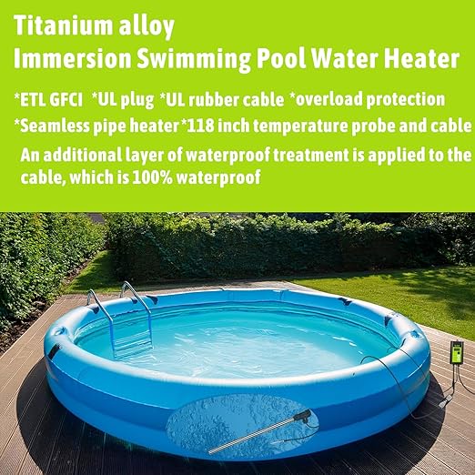 1500W Titanium Submersible Portable Electric Hot Tub & Pool Immersion Water Heater with GFCI and Temp Control for Baptistry, Bathtubs, Above Ground Pool, Swimming Pool and baptismal Pool