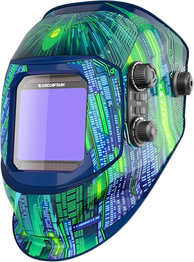ARCCAPTAIN 3.94"X3.66" Large Viewing Screen Welding Helmet True Color Auto Darkening Welding Hood, Solar Powered 4 Arc Sensor, Wide Shade 4-5/5-9/9-13 for ARC TIG MIG Welding Mask(Cyber City Design)