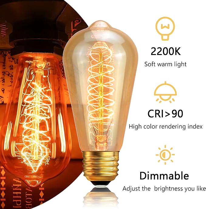 ST64 Incandescent Light Bulbs 110V 40W Edison Bulbs 6 Pack,Amber Vintage 240LM,E26 Base 2200K Dimmable Decorative Antique Wire Wound Incandescent Bulb for Chandelier Pendant Lamps