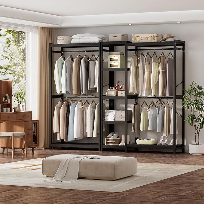 Homykic Bamboo Clothes Rack with Shelves and Double Hang Rods, Portable Closet System Garment Rack for Hanging Clothes, Tall Clothing Rack Corner Closet Organizer, Easy to Built, Freestanding, Black