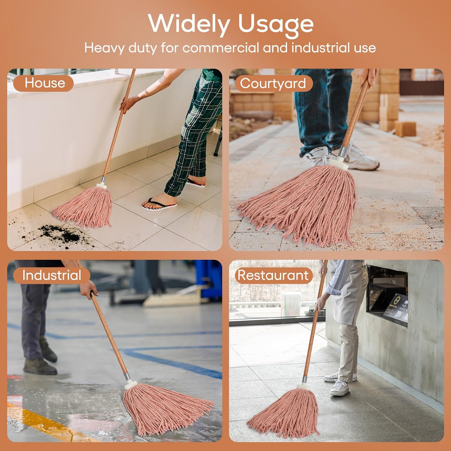 Matthew Cleaning Screw-on Heavy Duty Cotton Wet Mop Replacement Heads(Orange, Medium,3Pack) with 2 Pack Microfiber Cloth for Residential & Commercial Floor Cleaning Use- Fit Standard American Screw