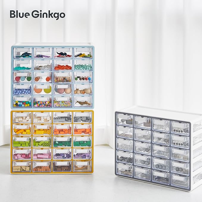 Blue Ginkgo Small 20-Drawer Cabinet – Stackable Clear Organizer for Hardware, Beads, Plastic Bricks, Office, and Craft Storage (Made in Korea, Blue)