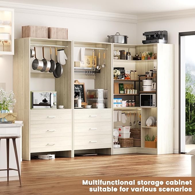 Aheaplus Closet System with 6 Drawers, 4 Hanging Rods & Corner Tower, Corner Closet System with Hanging,80.9" L-Shaped Walk-In Wardrobe Organizer, 2000+ lbs Capacity, Set of 3, White Oak