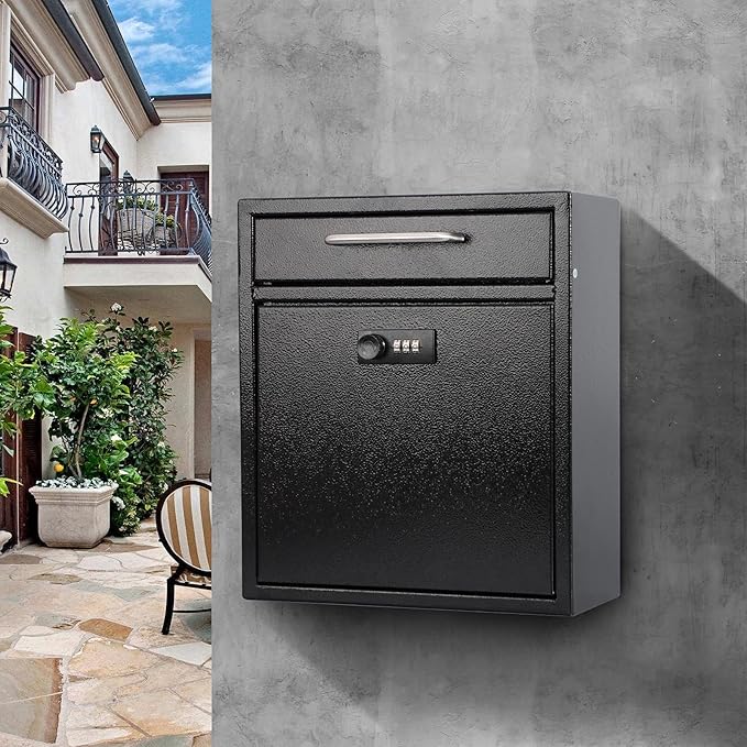 KYODOLED Steel Combination Lock Mail Boxes Outdoor, Locking Wall Mount Mailbox, Security Key Drop Box,12H x 10.51L x 4.68W Inches, Black Large