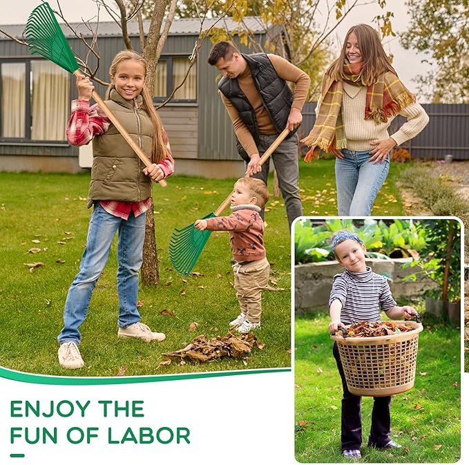 Macarrie Pack of 3 Kids Rakes with Hardwood Handle Lawn Garden Rake for Kids Gifts to Sweep Fall Leaves in Lawn and Tidying up The Garden Made of Wood and Plastic, 34.6 Inch (Green)