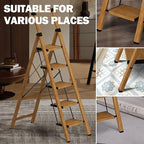 5 Step Step Ladder,Lightweight Folding Step Stool with Anti-Slip Aluminum Wide Pedal&Convenient Handgrip,Steel Ladder for Household and Office(Woodgrain)