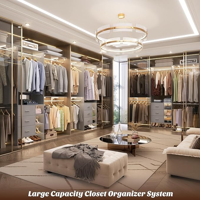 Aheaplus Closet System, Closet Organizer with 3 Wooden Drawers, 8FT Closet Organizer System, 96’’ Walk-in Closet Wardrobe Clothes Rack with Hanging Rods, Garment Rack, Fits 5.3-9 ft, -G6, Grey