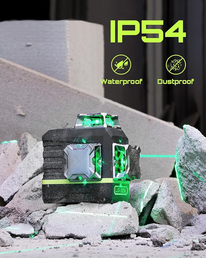 LasGoo Laser Level Self Leveling 360°x3 Green Cross Line Laser Tool for Construction and Picture Hanging, Remote Control, Professional Magnetic Rotating Stand, 2 Rechargeable Batteries - LG-3Ds