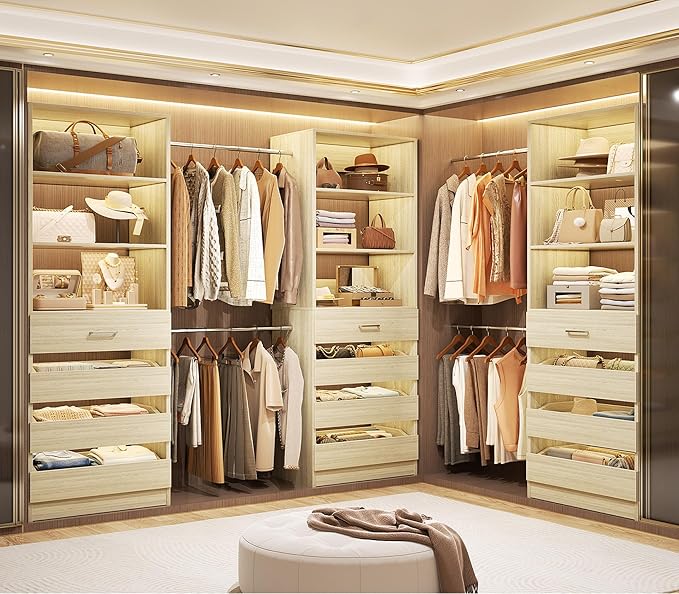 Aheaplus Closet System with 12 Drawers, 8.5-11.5Ft Wood Closet Organizer System with 4 Hang Rods & 3 Towers, 4Ft & 6Ft L-Shaped Walk-in Closets Wardrobe Organizer Clothes Rack, Set of 3, White Oak1