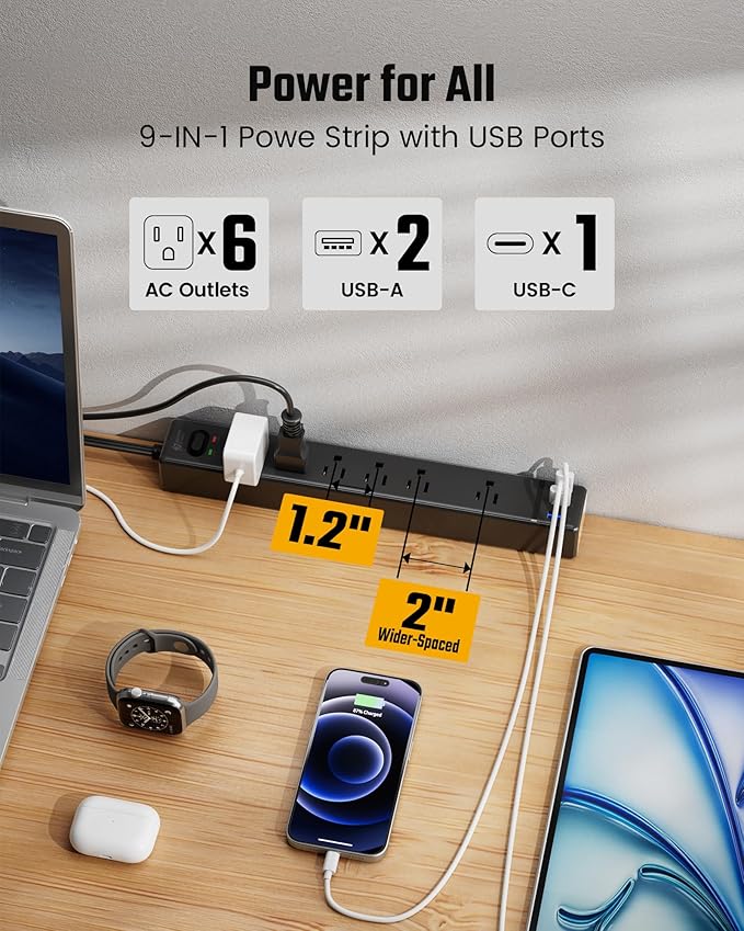 15Ft Long Extension Cord, SUPERDANNY Flat Plug Surge Protector Power Strip, 6 Outlets & 3 USB Ports, Desk Charging Station for Home Office, College Dorm Room Essentials