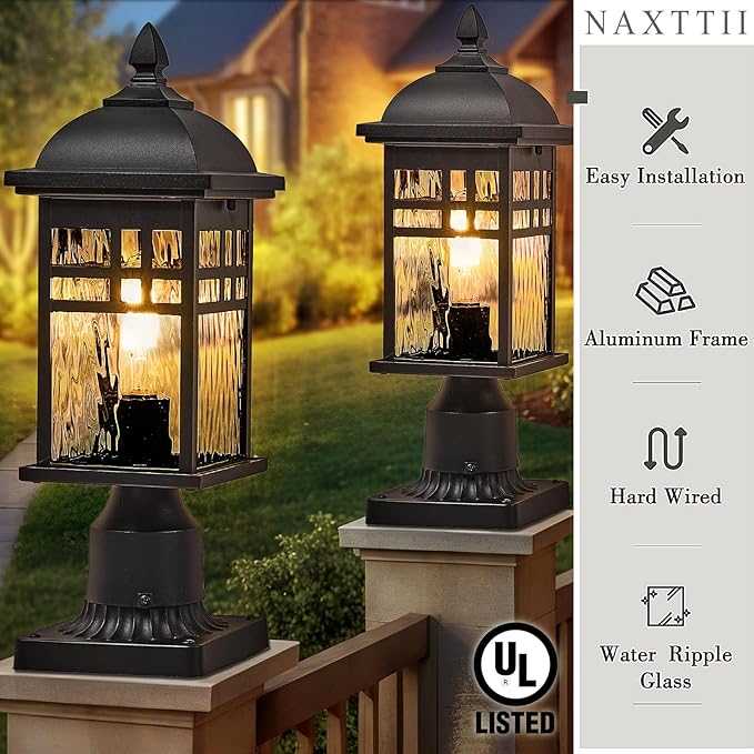 Outdoor Post Lights Black Exterior Pillar Lamp Aluminum Lamp Body and Water Ripple Glass Shade 22 Inch Height Outdoor Post Lighting Fixture for Yard Pathway and Driveway