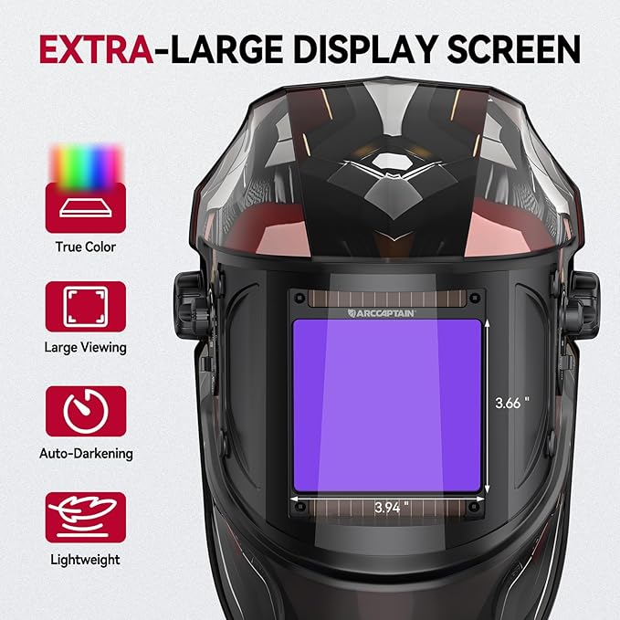 ARCCAPTAIN Large Viewing Screen 3.93"X3.66" Welding Helmet, True Color 1/1/1/1 Solar Power Auto Darkening Welding Hood with 4 Arc Sensor, Wide Shade 4/5-9/9-13 for TIG MIG ARC, Armour