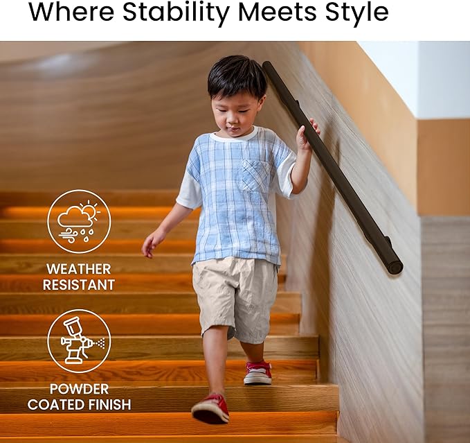 Meranti Aluminum Handrail for Indoor or Outdoor Steps and Stairs – Hand Rails for Elderly – DIY Complete Stair Railing Kit (AHR, Bronze Textured, 10' Length)