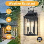 15" Dusk to Dawn Black Outdoor Wall Lantern 2-Light, Outside Modern Wall Sconce Light Fixture, Industrial Porch Light with E12 Sockets, Waterproof Exterior Lamp Lighting, Black