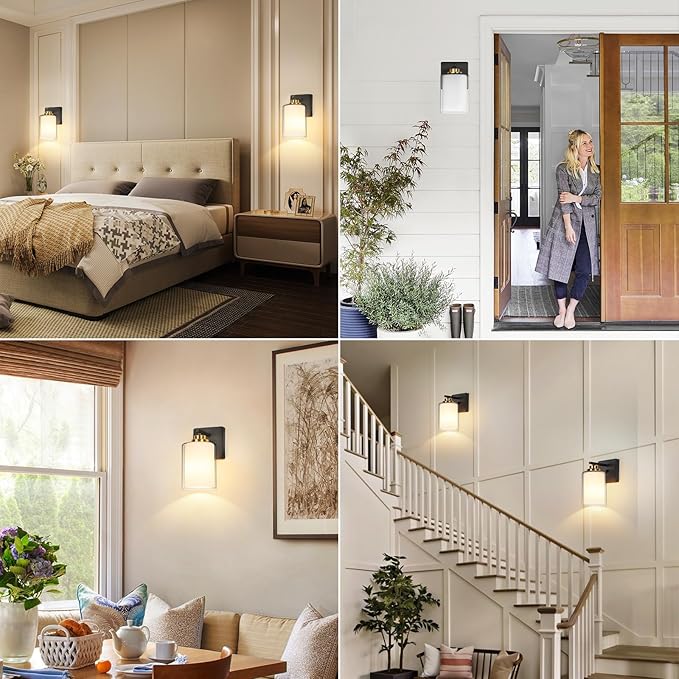 Set of 2 Wall Sconces for Bathroom, Modern Vanity Light Fixtures, Black & Gold Wall Mount Lighting Lanterns, Farmhouse Wall Lights with Double Clear Glass Shade for Bedroom Living Room Mirror Hallway