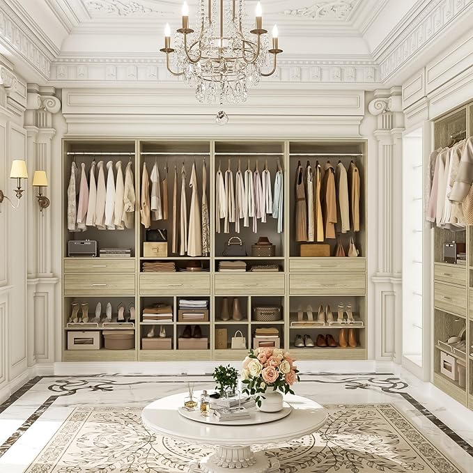 Unikito Closet System, 8.2FT Closet Organizer with 6 Wooden Drawers, Hanging Rods, Adjustable Shoe Rack and Cube Storage, Easy Assembly Wardrobe Tower, Set of 4, White Oak