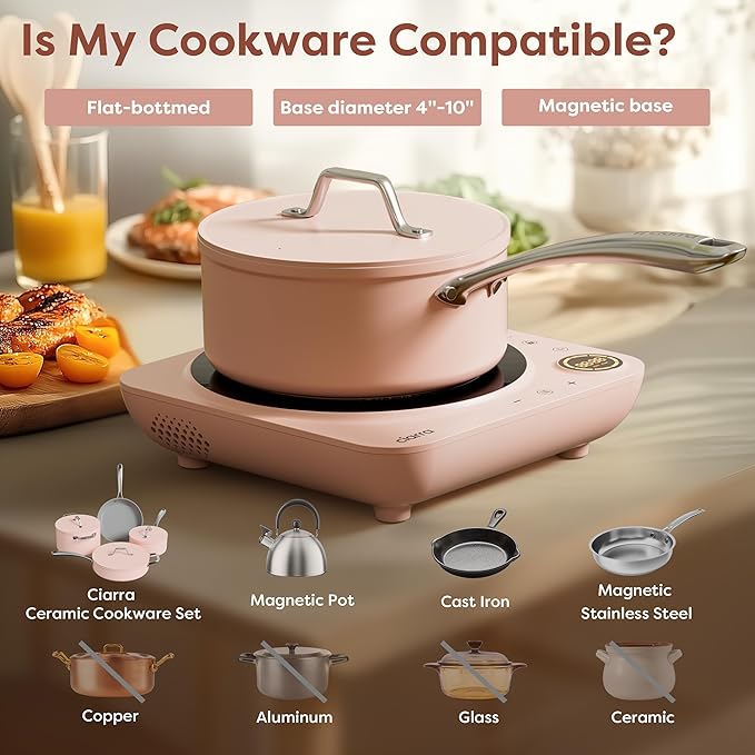 CIARRA CATIH1A-P Portable Induction Cooktop, Slim Single Electric Countertop Burner with Sensor Touch and Digital time, Pink