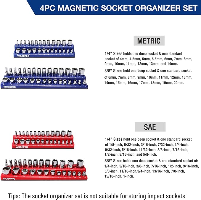 WORKPRO Magnetic Socket Organizer Set, 4-Piece Socket Holder Set Includes 1/4", 3/8" Drive Metric & SAE Socket Trays, Holds 108 Pieces Standard and Deep Size Sockets (Sockets not Included)