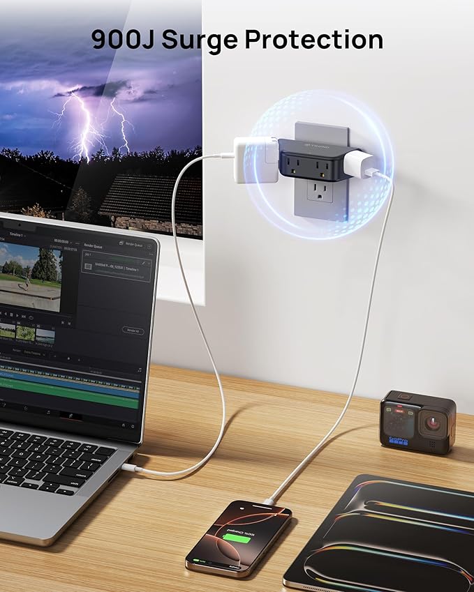 TROND Multi Plug Outlet Extender - Surge Protector Outlet Splitter with 4 Grounded Sockets, Angled Wall Plug Adapter, 900J, Multiple Wall Expander for Bathroom Kitchen Travel Dorm Room, Black