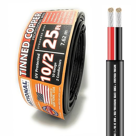 National Wire&Cable - 10/2 Tinned Copper Professional Wire (25 Feet) 10 AWG Gauge Stranded PVC Cord - 2 Conductor Electrical Wire - Made in USA - CL Rated/ETL Listed - Automotive, Low Voltage Cable