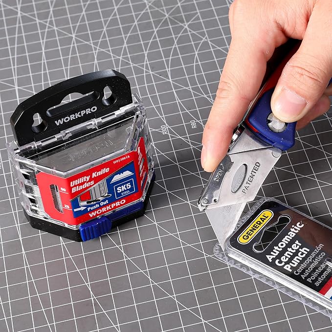 WORKPRO 50-Pack Utility Knife Blades with Dispenser, SK5 Steel Box Cutter, Standard Blades for Utility Knife Replacement