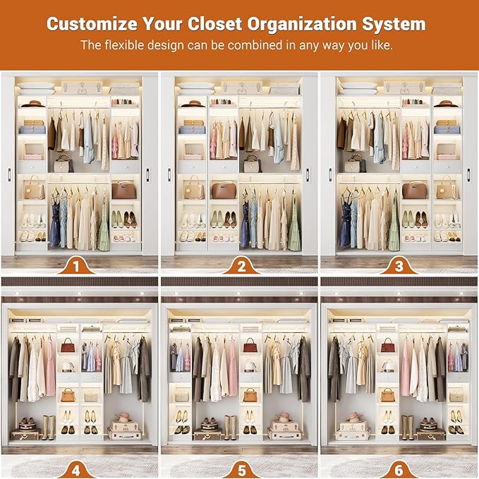 Unikito 58" W - 90" W Closet System, Large Walk in Closet Organizer with 3 Hanging Rods and Shelves, Heavy Duty Wood Closets Wardrobe with 2 Drawer & Shoe Rack, Sturdy Reversible Clothing Racks, White