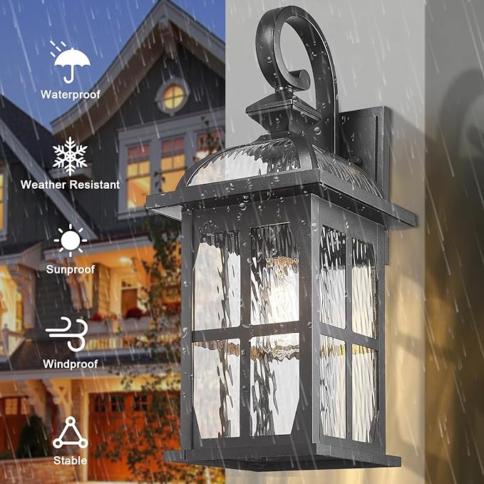 Darkaway Large Outdoor Wall Light, 22inch Exterior Light Fixture with Water Ripple Glass, Aluminum Outside Lights Sconces Exterior Lighting for House Porch Patio Doorway Garage