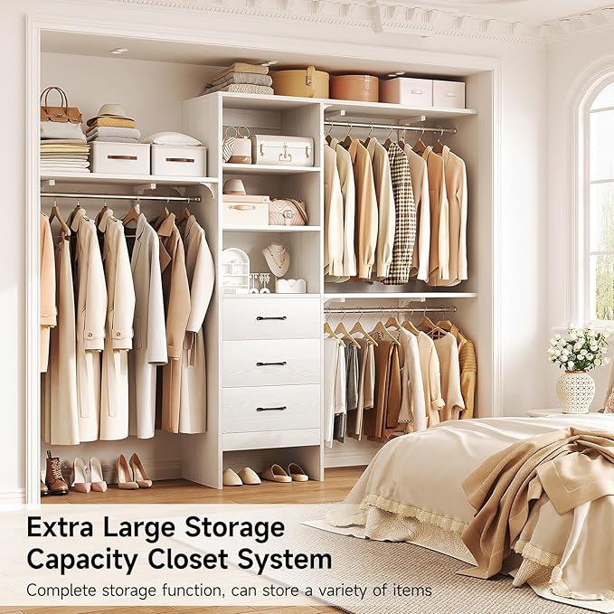 8FT Closet System, 96'' Closet Organizer System with 3 Hanging Rods, Wall Mount Bedroom Wardrobe with 3 Drawers Walk-in Closet, Adjustable Cloth Garment Rack from 5 to 8FT (Cut to Fit), White&Grey Oak