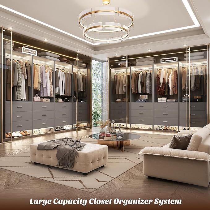 Aheaplus Closet System Closet Organizer, Wood Closet Organizer System, Walk-in Closet or Small Closets Wardrobe, Clothes Rack with Hanging Rods, 8FT Closets, Set of 4, Grey