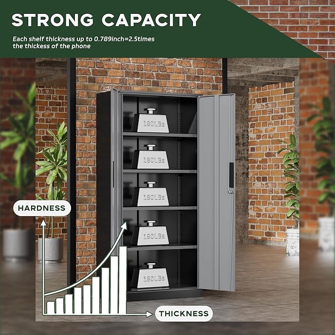 Greenvelly Metal Garage Storage Cabinet, 72" Black Gray Tool Steel Locking Cabinet with Doors and 4 Shelves, Tall Cabinets for Garage Storage Systems Lockable File Cabinet for Home Office,Garage