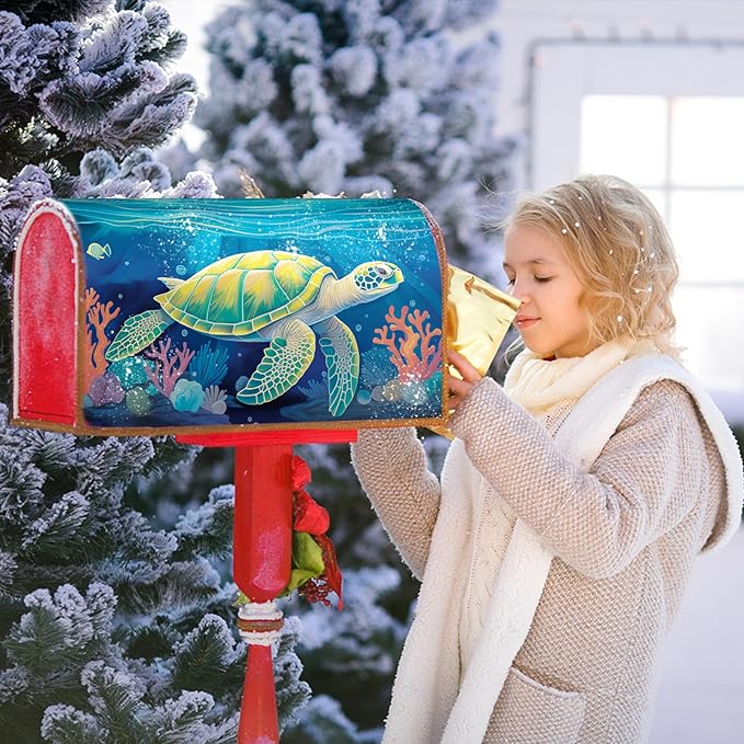 Nautical Sea Turtle Coral Seashell Mailbox Covers Summer Ocean Beach Blue Mailbox Covers Magnetic Standard Size 21x18 Inch Waterproof Mail Box Wraps Post Letter Box Covers Garden Yard Outdoor Decor