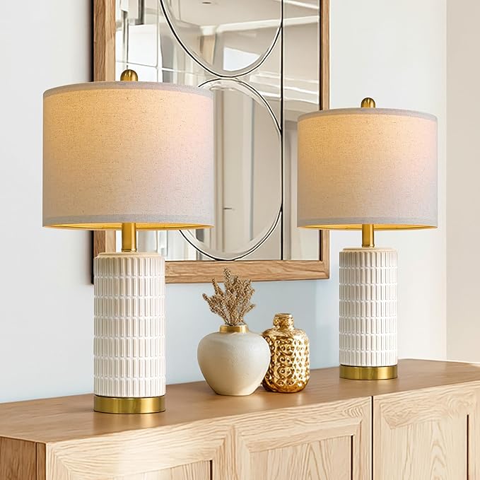 PoKat Small Bedside Table Lamps with USB Ports for Bedroom, 21.5'' White Nightstand Lamps for Night Stands, Modern Ceramic Bedroom Lamps for Living Room End Table, White and Beige