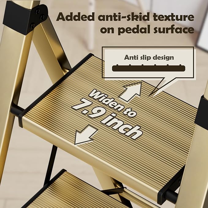 Taranta 3 Step Ladder, Portable Folding Ladder with Wide Pedal, Lightweight Aluminum Step Stool with Convenient Handgrip, 330 lbs Capacity Stepladder for Home, Office - Gold