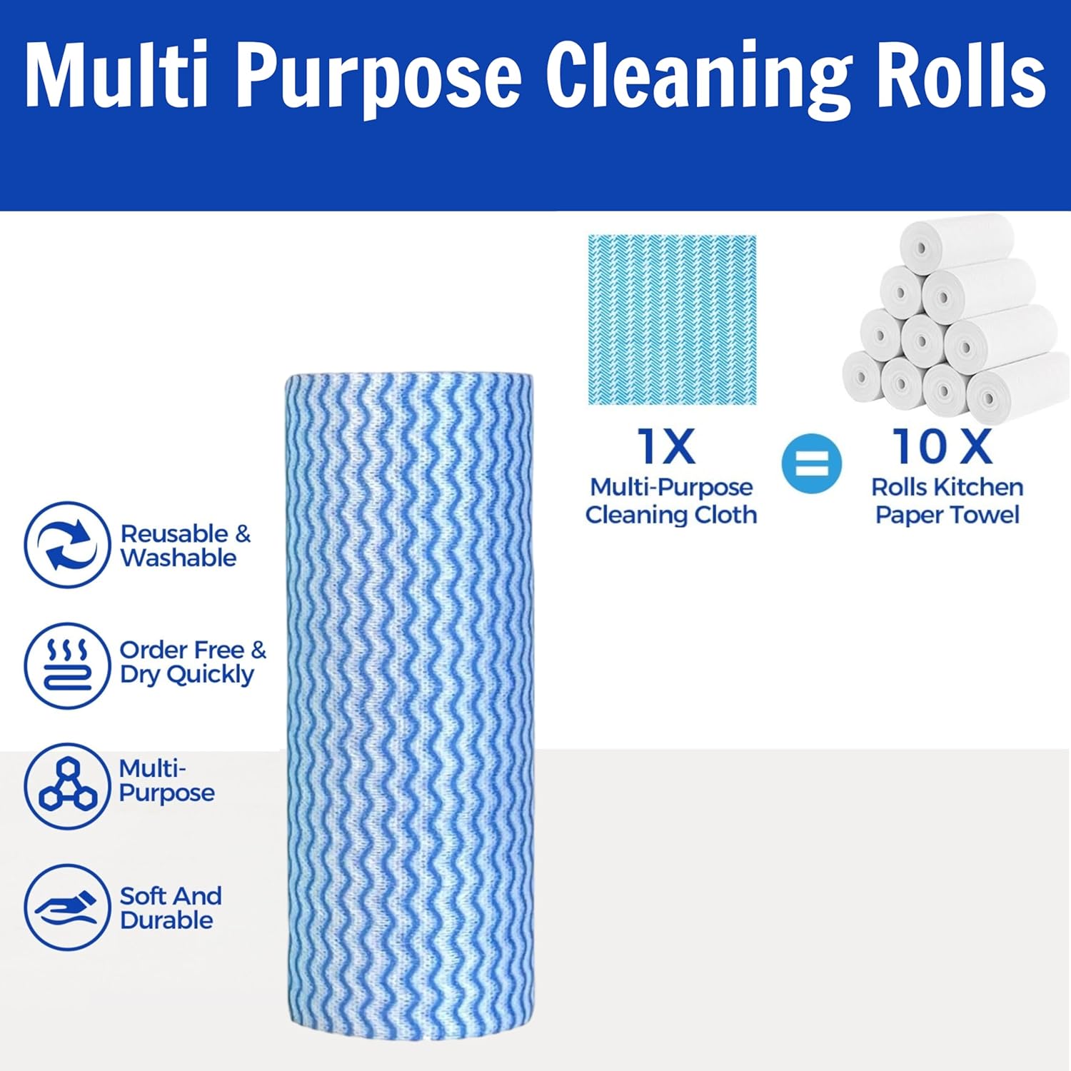 Reusable Cleaning Cloths Kitchen Paper Towels Washable Rolls Dish Cloths Dish Towels Handi Wipes,Quick Dry,Blue, 50 Ct/Roll,Total 2 Rolls