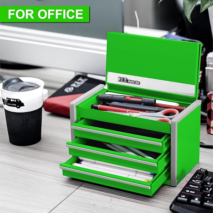 P.I.T. Mini Green Tool Box, Portable 3 Drawer Steel Stackable Tool Box with Magnetic Tab Locking, Green Micro Top Chest with Liner for Tools Storage and Organizers, Home DIY