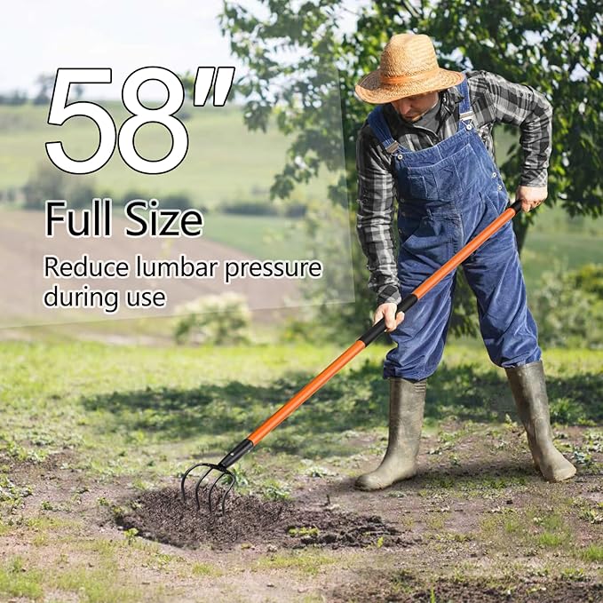 VNIMTI Cultivator for Gardening, 4 Tines Garden Cultivator with Fiberglass Handle, 58 Inches