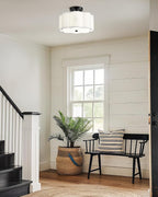 Semi Flush Mount Ceiling Lights, 3-Light 13" Ceiling Light Fixtures with Fabric Shade in Flower Shape, Matte Black Drum Lighting for Nursery Hallway Bedroom Kitchen, AD-22007-3SF-BK