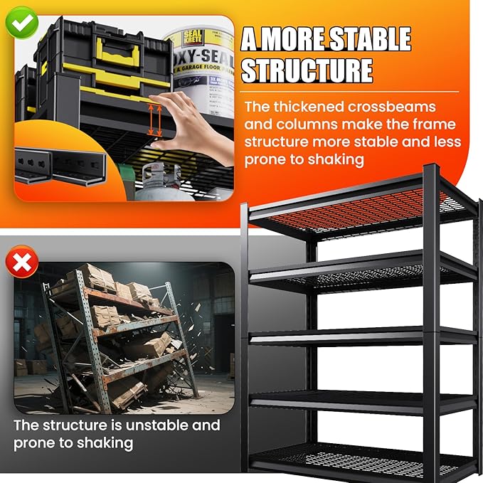 Large Garage Shelving, 5-Tier Garage Storage Shelves 3000LBS Heavy Duty Shelving Unit, Adjustable Steel Metal Shelving, Wire Shelves for Garag, Utility Rack Shelf for Basement, 72 ”H×46”W×20.1”D