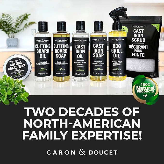 CARON & DOUCET – Ultimate Cast Iron Set PLUS: Seasoning Oil, Cleaning Soap & Restoring Scrub | 100% Plant-Based & Best for Cleaning Care, Washing, Restoring & Seasoning Skillets, Pans & Grills!